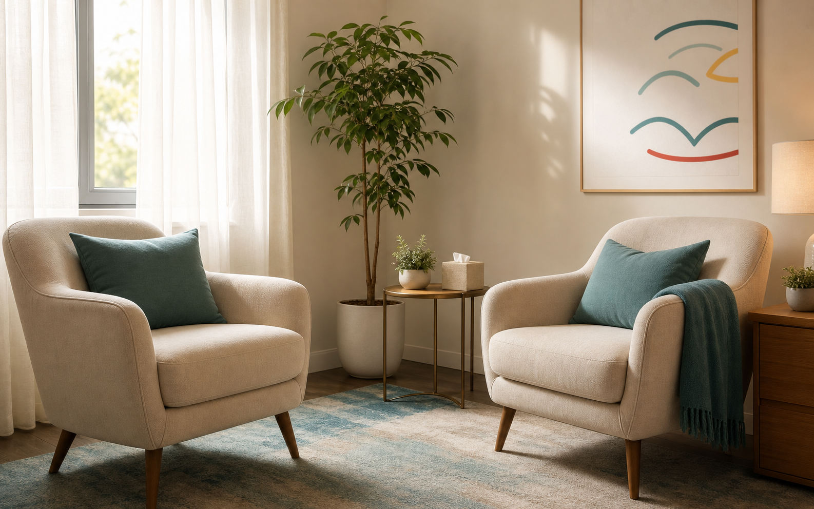 A calm therapy room with two chairs